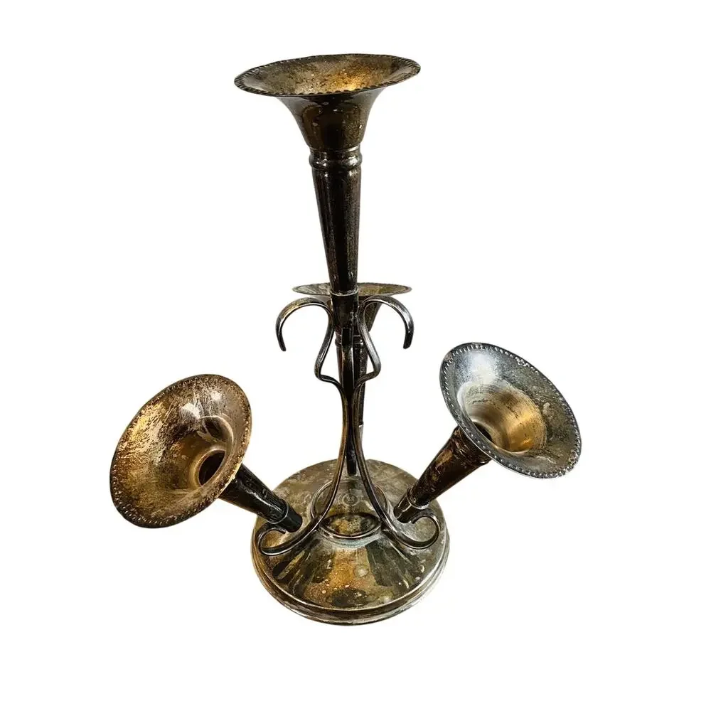Antique Victorian Silverplate Epergne Centerpiece 4 Trumpet Vase Holder 12